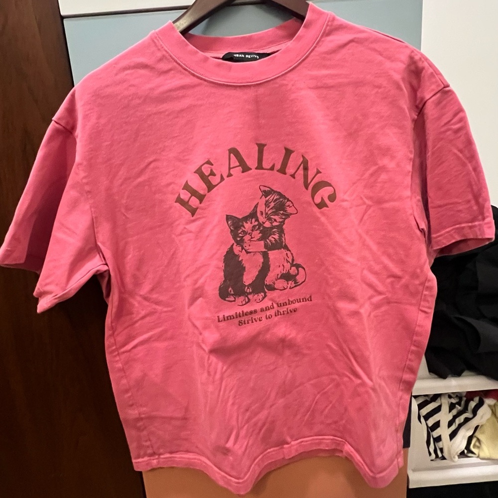 Pink Oversized Graphic Tee - Cat healing design
